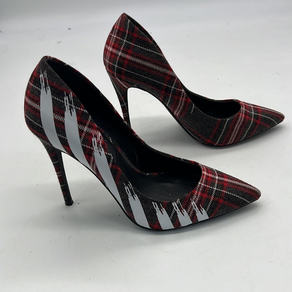 Aldo Red Tartan High Heels with White Racing Stripes size 6 - Picture 2 of 11